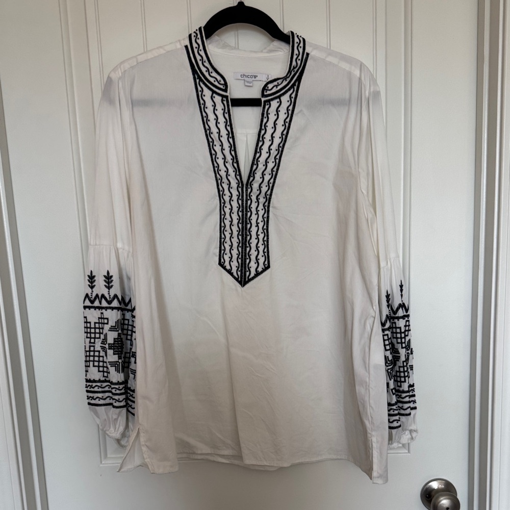 Chico's Ivory Blouse with Black Embroidery